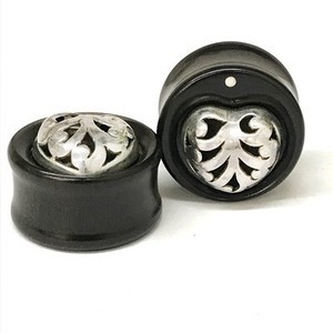 Black Dogwood Plugs with Ornate Silver Heart Overlay