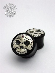 Black Horn Tibetan Skull Plugs with Silver Skull Inlay and Gem Accent
