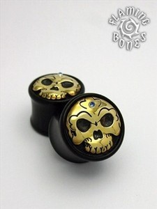 Black Wood Tibetan Skull Plugs with Brass Skull Inlay and Gem Accent