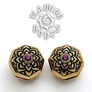 Brass Jeweled Lotus Ear Weight with Inlayed Accent - Amethyst