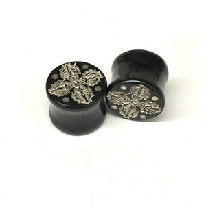 Tibetan Flare Black Water Buffalo Horn Plugs with Lacquer Inlay - PHTF5