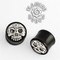Black Wood Tibetan Skull Plugs with Silver Skull Inlay and Gem Accent
