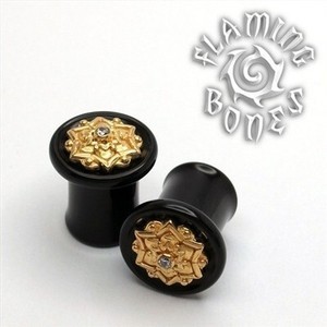 0g Black Dog Wood Plug with Yellow Gold Plated Chandi Mandala and Cubic Zirconia Gem Accent