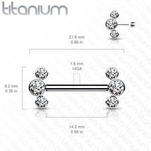 14g 9/16" Titanium Threadless Push-in Nipple Barbell with 3 Bezel Set Jewels
