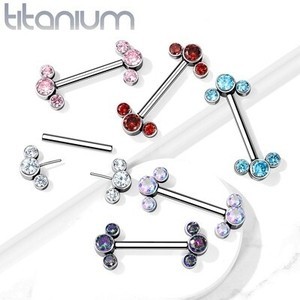 14g 9/16" Titanium Threadless Push-in Nipple Barbell with 3 Bezel Set Jewels