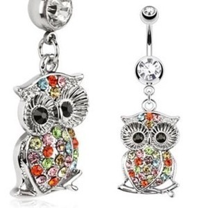 14g Multi-Color Jeweled Owl on Branch Dangle Navel Ring