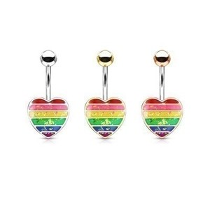 14g Rainbow Opal Glitter Filled Heart Belly Button Ring