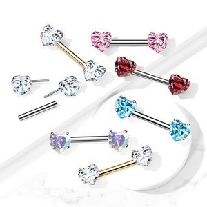 14g 1/2" Surgical Steel Threadless Nipple Barbell with Prong Set Hearts
