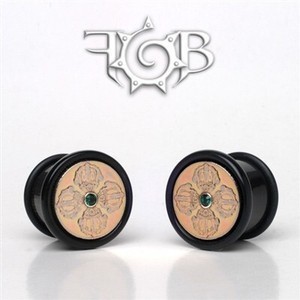Black Buffalo Horn Cap Style Plugs with Inlayed Bhutanese Coin and Gem