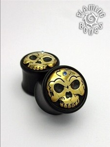 Black Horn Tibetan Skull Plugs with Brass Skull Inlay and Gem Accent