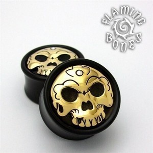 Black Horn Tibetan Skull Plugs with Brass Skull Inlay and Silver Accent