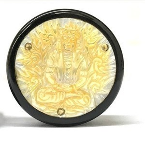 1-1/4" Black Water Buffalo Plug with Fire Buddha Golden Mother of Pearl Inlay