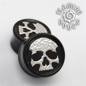 Black Wood "Ancient Remains" Plugs with Sterling Silver Skull Inlay