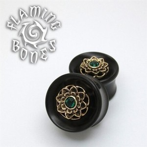 Black Wood Plugs with a Brass Mounted Lotus and Gem Accent