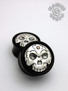 Black Wood Tibetan Skull Plugs with Silver Skull Inlay and 14k Gold Accent