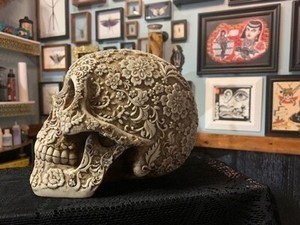 Hand-Painted Floral Skull with Natural Bone Finish
