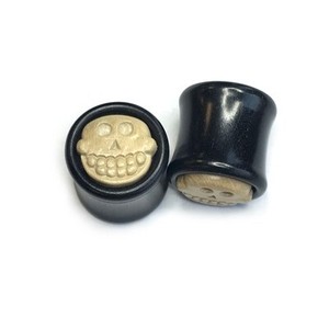 Happy Death Head Black Dogwood Plug with Coffee Wood Mask - Style 1