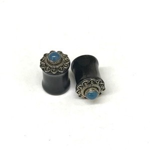 7/16" Traditional Black Water Buffalo Horn Balinese Plugs with Silver and Blue Agate Gem